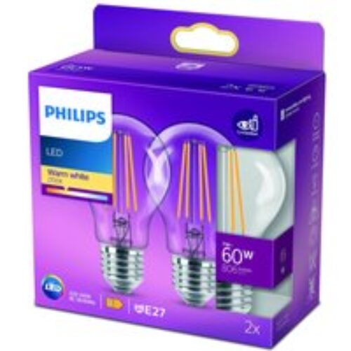 Philips LED lamp E27 7W 2.700K gloeidraad helder set van 2