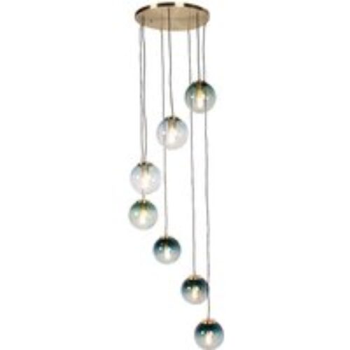 Art deco hanglamp messing met blauw glas 7-lichts - Pallon