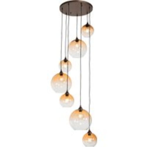 Art Deco hanglamp donkerbrons met amber glas 7-lichts - Sandra