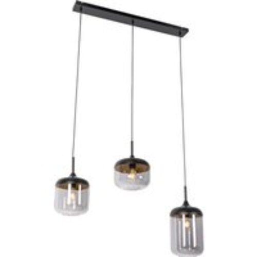 Design hanglamp zwart met goud en smoke glas 3-lichts - Kyan