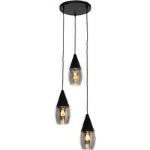 Moderne hanglamp zwart met smoke glas 3-lichts - Drop