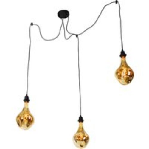 Hanglamp zwart 3-lichts incl. LED spiegel goud dimbaar - Cava Luxe