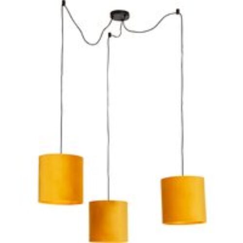 Hanglamp met 3 velours kappen geel met goud - Cava