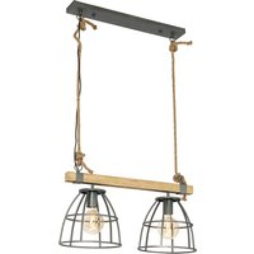 Industriële hanglamp donkergrijs met hout 2-lichts - Arthur