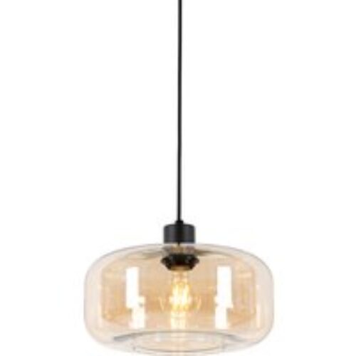 Art Deco hanglamp zwart met amber glas - Bizle