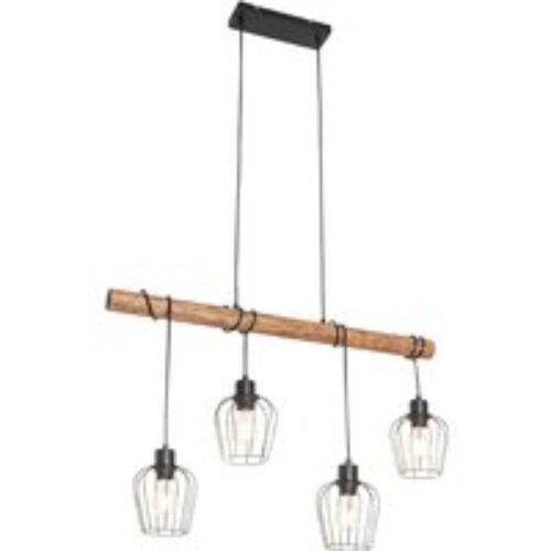 Landelijke hanglamp zwart met hout 4-lichts - Stronk