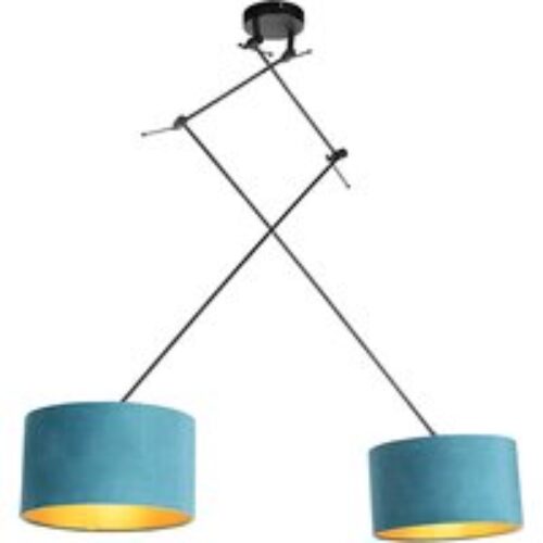 Hanglamp zwart met velours kappen blauw met goud 35 cm 2-lichts - Blitz