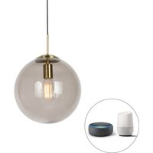 Smart hanglamp messing met smoke glas 30 cm incl. Wifi ST64 - Ball