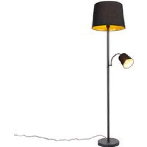 Klassieke vloerlamp zwart met goud en leeslampje - Retro