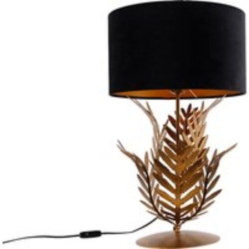 Vintage tafellamp goud 33 cm met velours kap zwart 35 cm - Botanica