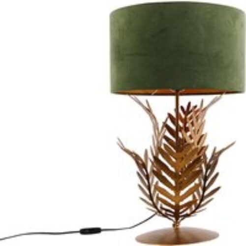 Vintage tafellamp goud 33 cm met velours kap groen 35 cm - Botanica