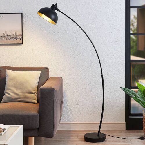 Lindby gebogen vloerlamp Phileas, zwart-goud, metaal, 155 cm - Lampen24