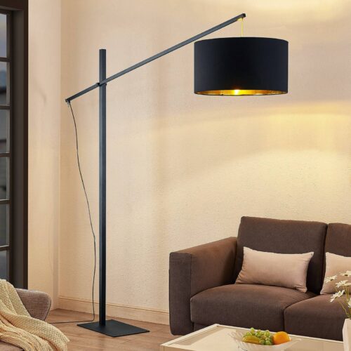 Arcchio gebogen vloerlamp Mossa, 200 cm, zwart-goud, textiel - Lampen24