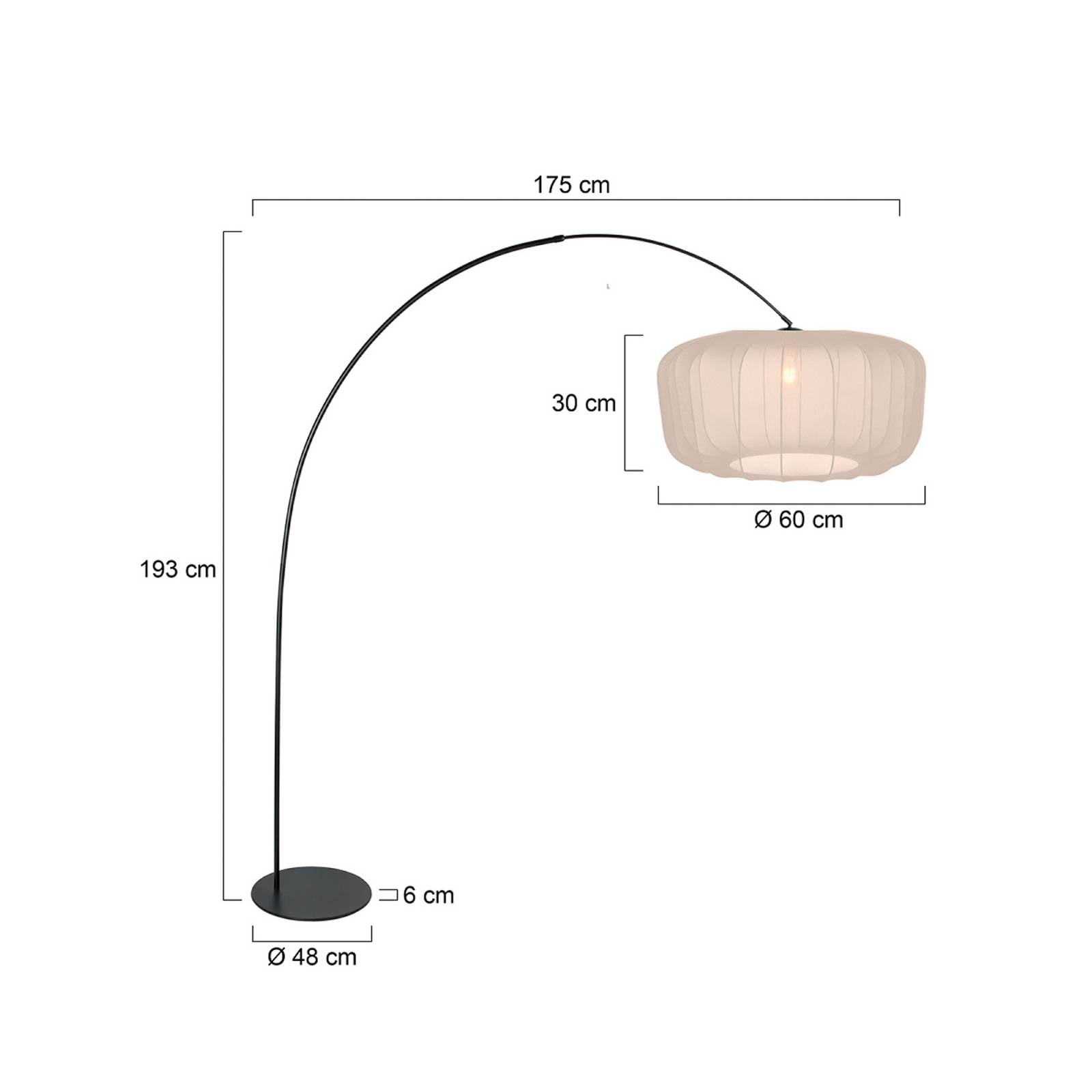 Anne Light Booglamp Curve, zwart, kap van crèmekleurig nylon, Ø 60 cm – Lampen24