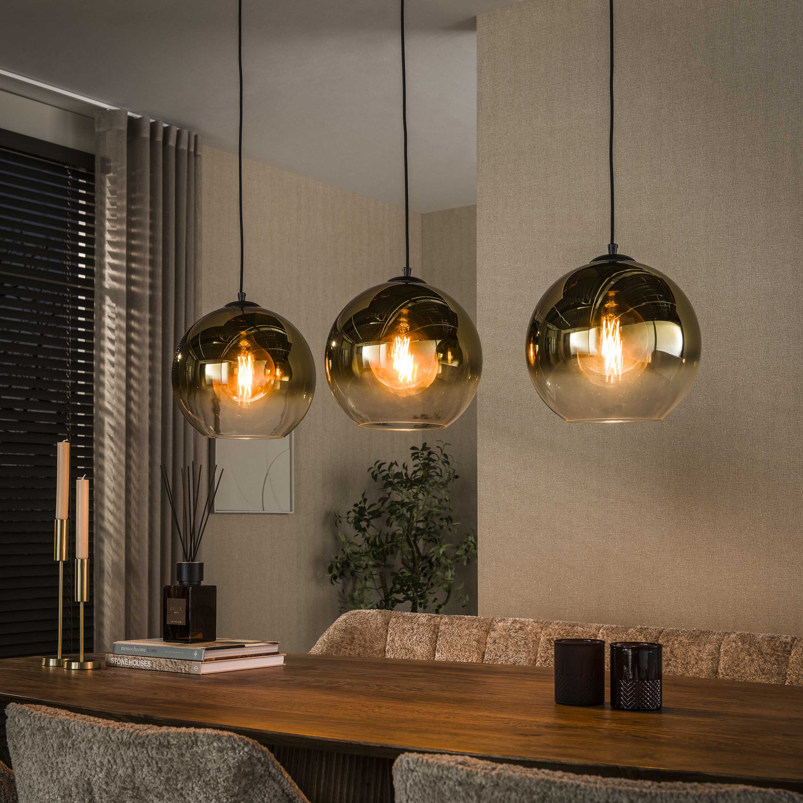 LifestyleFurn Hanglamp Bubble Shaded Met 3 smoke-glas bollen - Goud