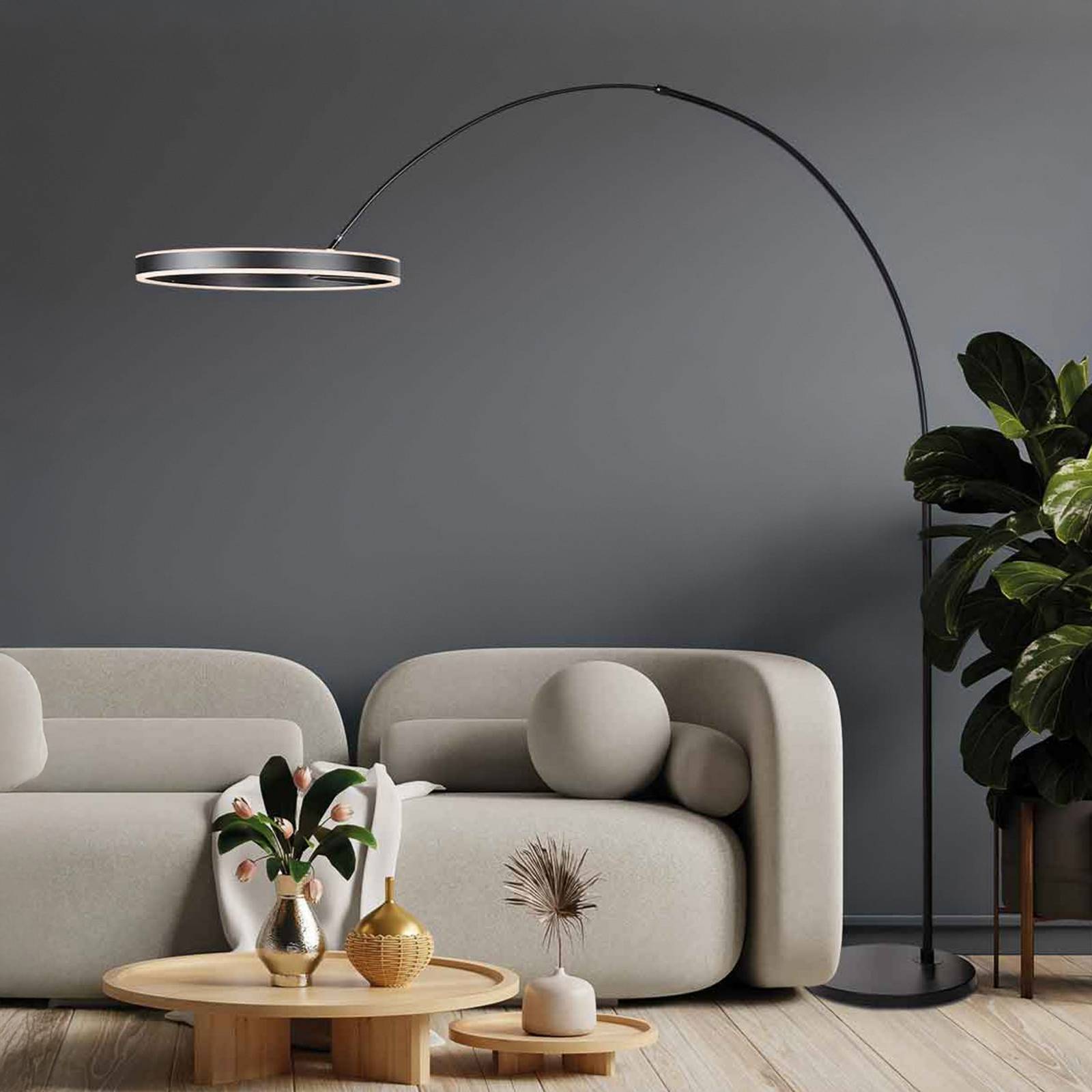 Steinhauer LED-booglamp Ringlux, zwart, metaal, CCT, dimbaar – Lampen24