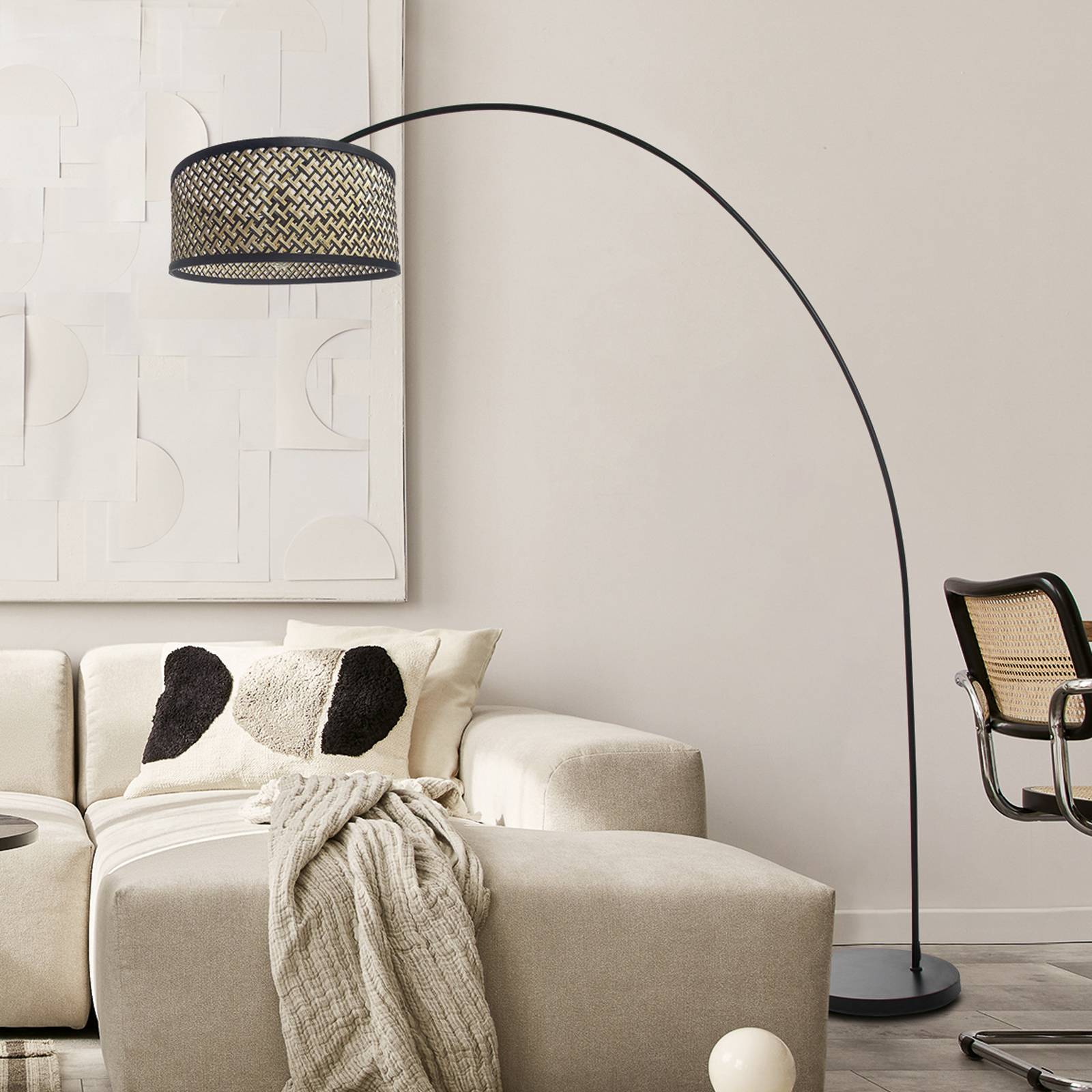 Mexlite Booglamp Solva, zwart, gevlochten kap zwart/hout - Lampen24