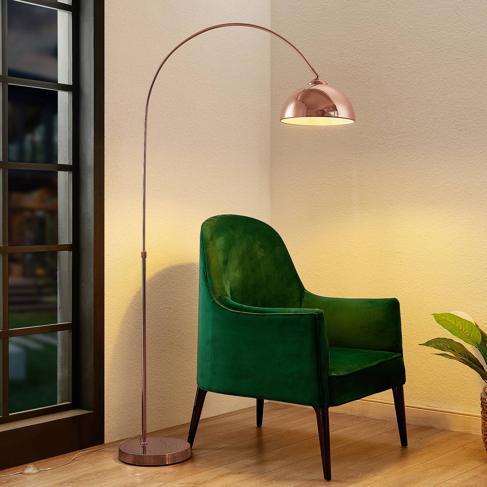 Lindby booglamp Lennart, koper, in hoogte verstelbaar, E27 – Lampen24