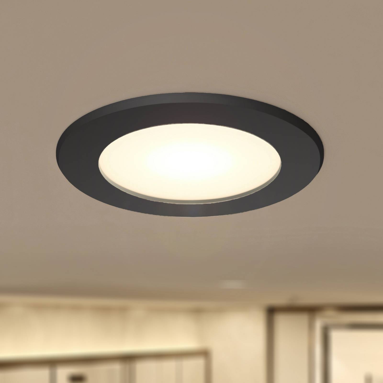 Prios LED inbouwspot Rida, zwart, Ø 10 cm, CCT, IP44 – Lampen24