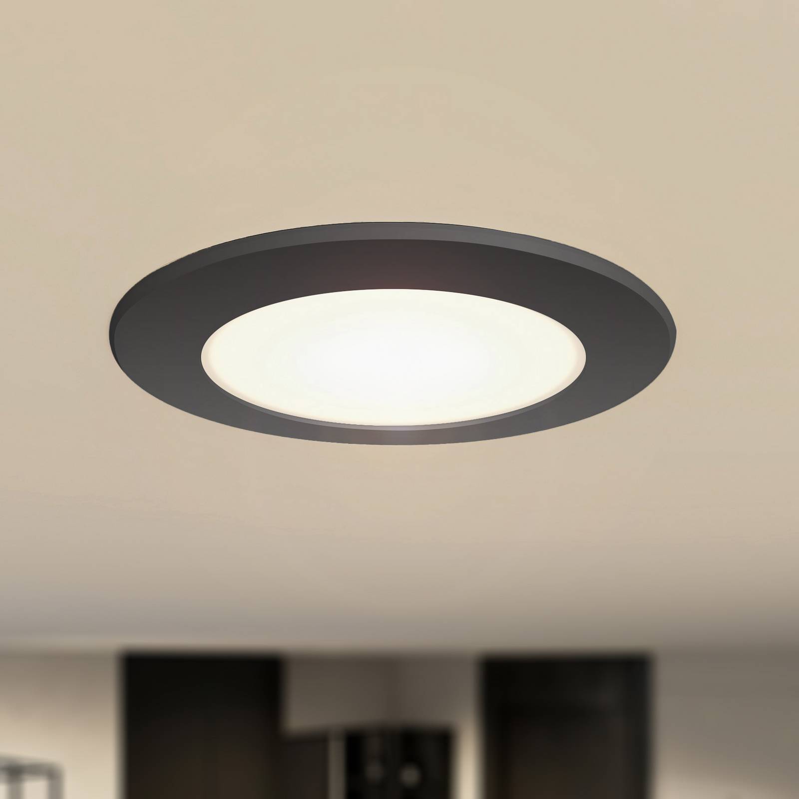 Prios LED inbouwspot Rida, zwart, Ø 12 cm, CCT, IP44 – Lampen24