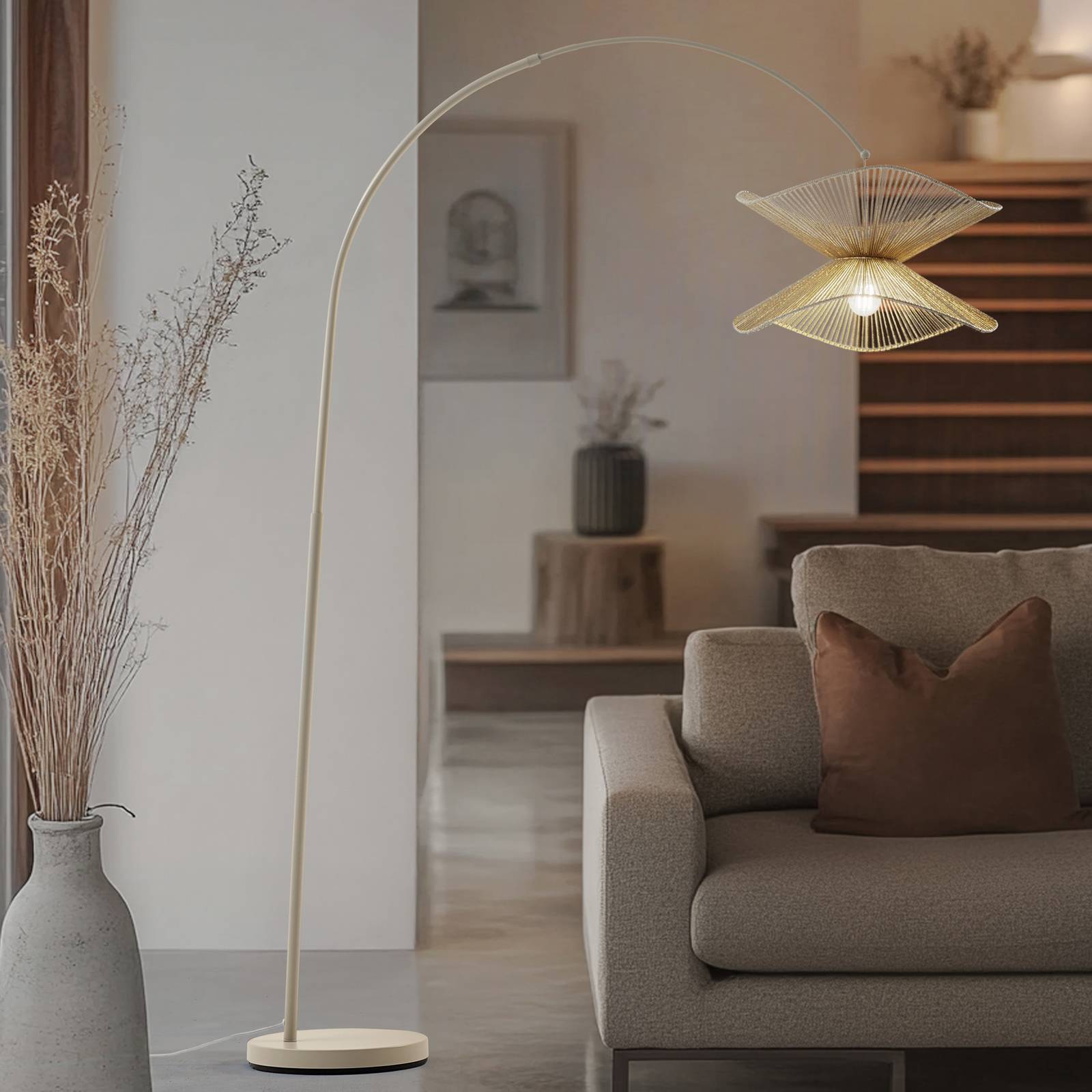Lindby booglamp Valdorin, beige, papier, 195 cm, IP20 – Lampen24