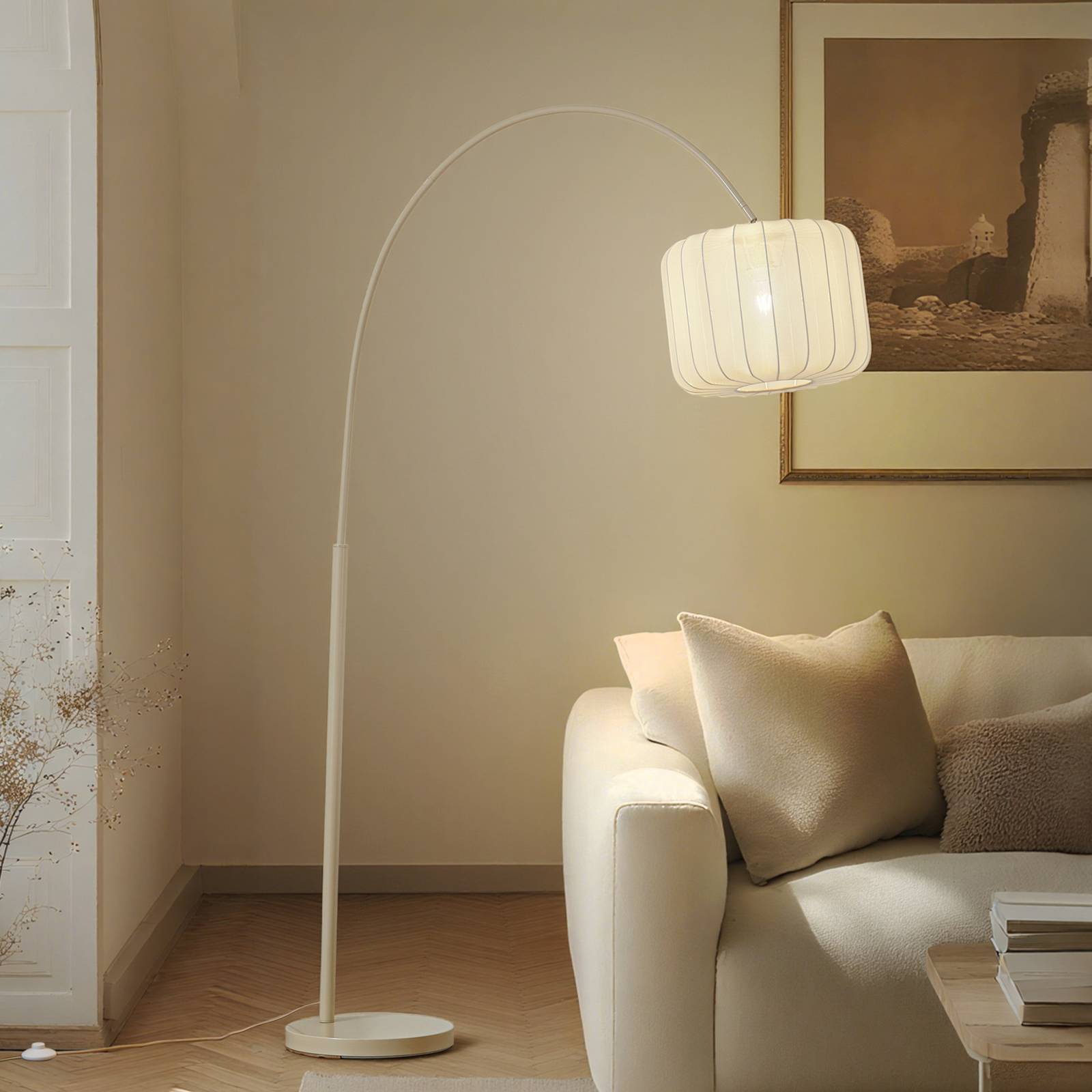 Lindby booglamp Helin, beige, textiel, hoogte 198,5 cm – Lampen24