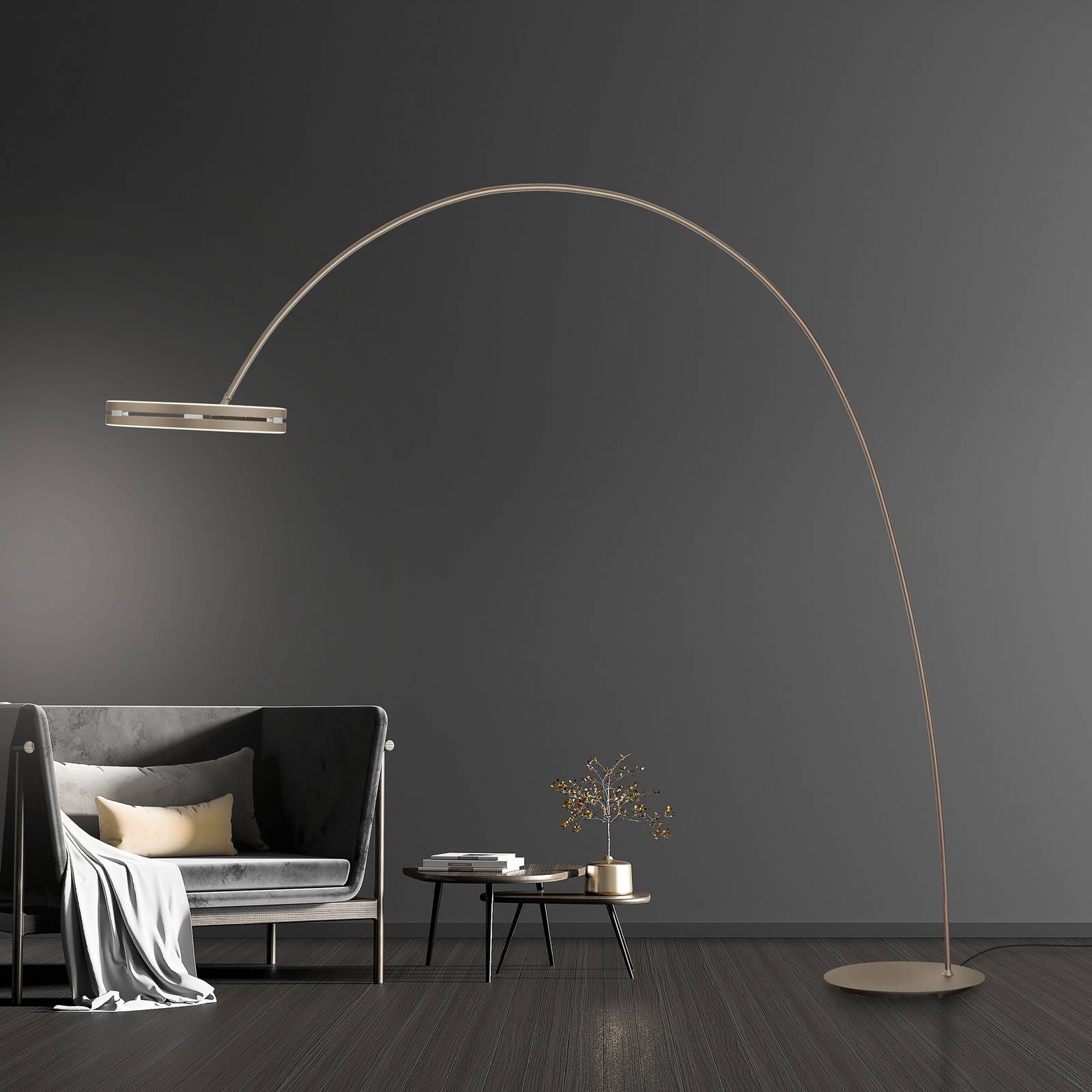 LED vloerlamp PURE Loop-Bow, bronskleurig, reikwijdte 290 cm – Lampen24