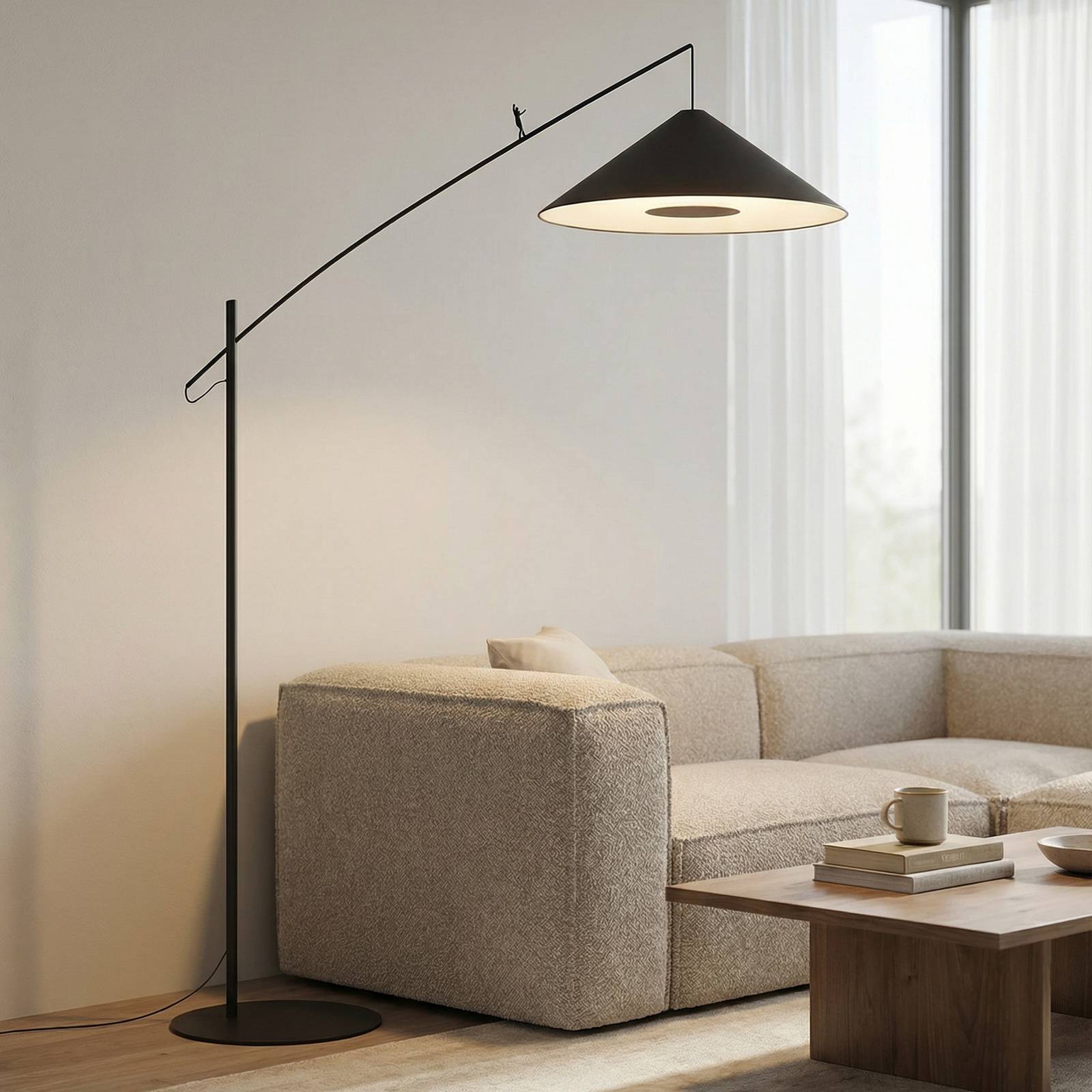 Nowodvorski Lighting Booglamp Poise, zwart, staal, textiel, uitsteeklengte 260 cm – Lampen24