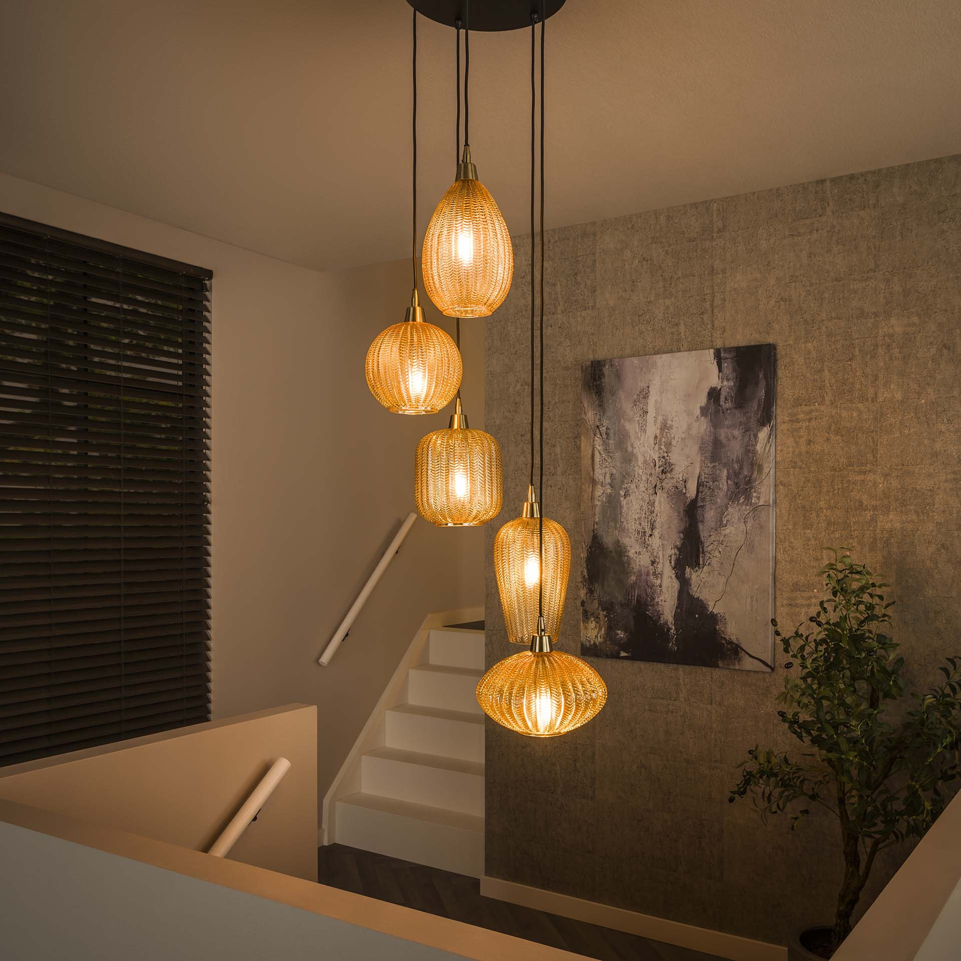 LifestyleFurn Hanglamp /Videlamp Dayn 5-lamps glas - Amber