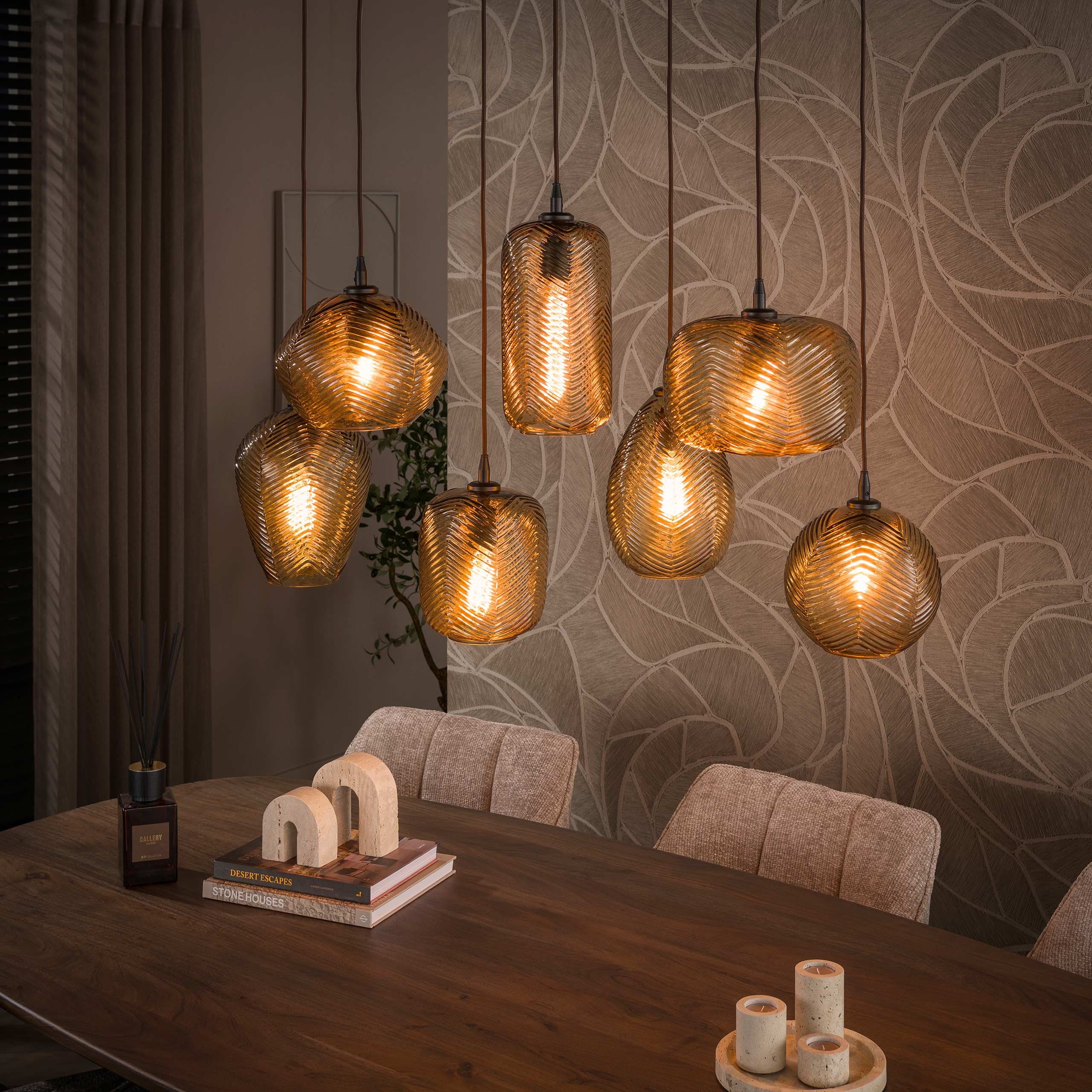 LifestyleFurn Hanglamp Ramond 4+3-lamps - Smoke bruin